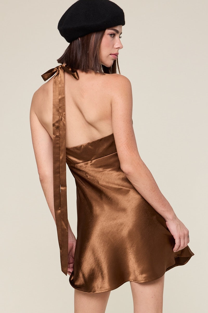 Lydia Caramel Halter Silky Dress