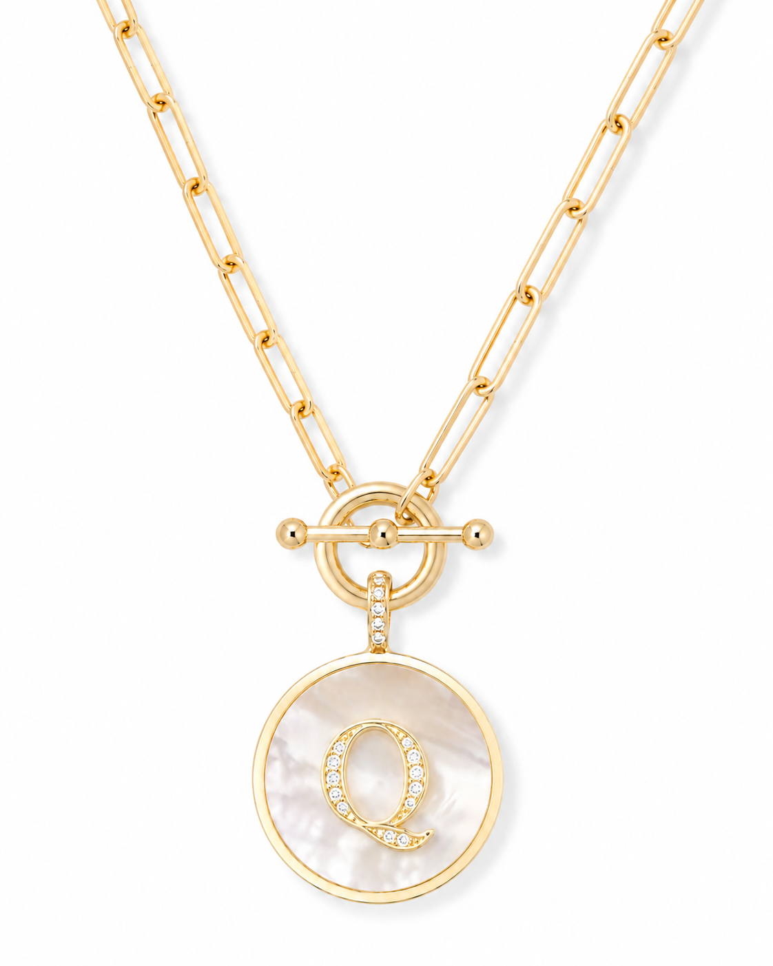 Rae & Jade Mother of Pearl Initial Pendant Necklace – 14K Gold Plated, 32" Chain