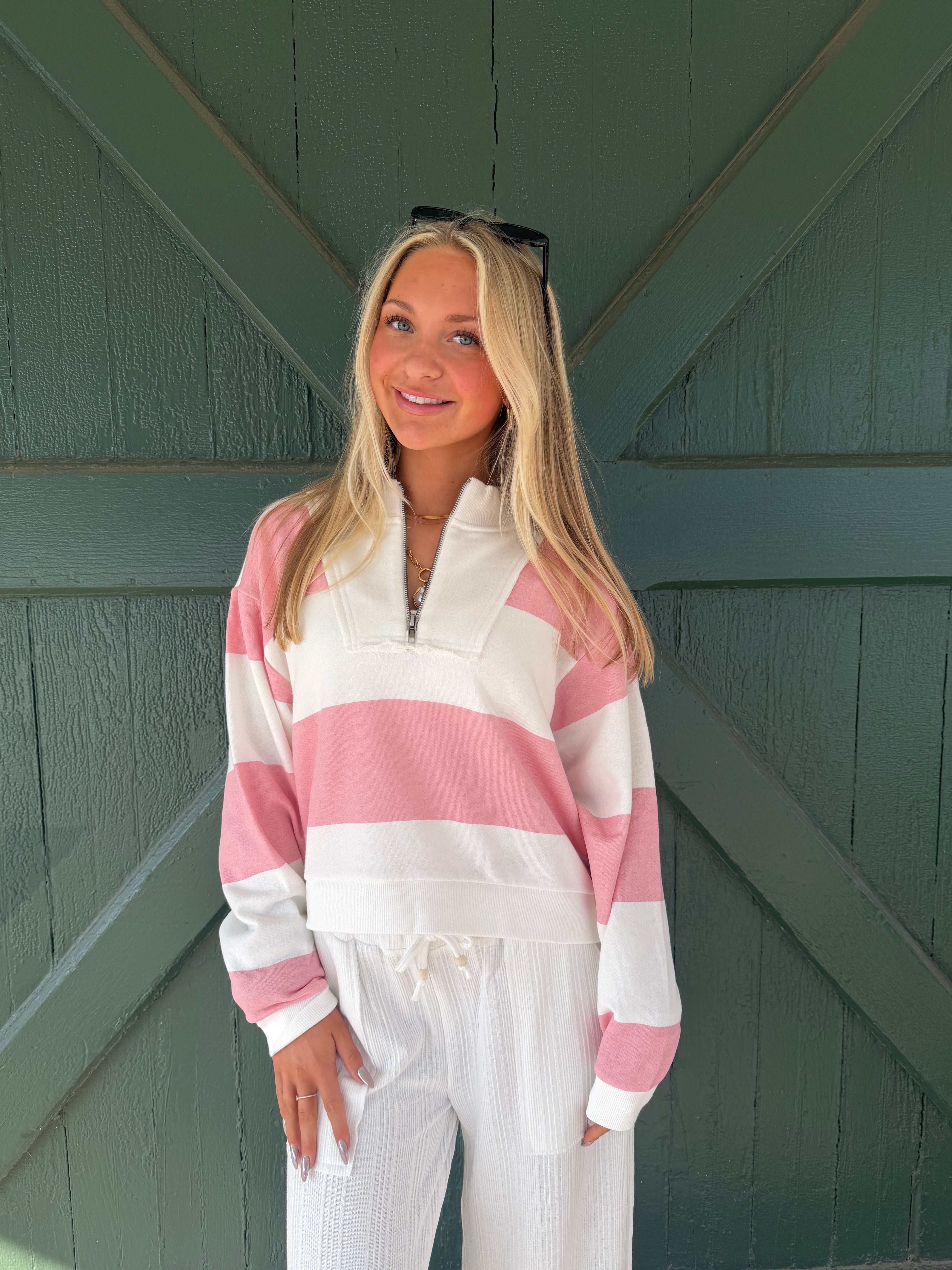 Vintage Havana Sorbet Pink Striped French Terry Half Zip