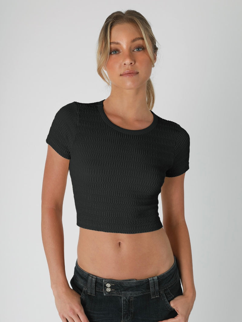 Lauren Black Shirred Short Sleeve Crop Top