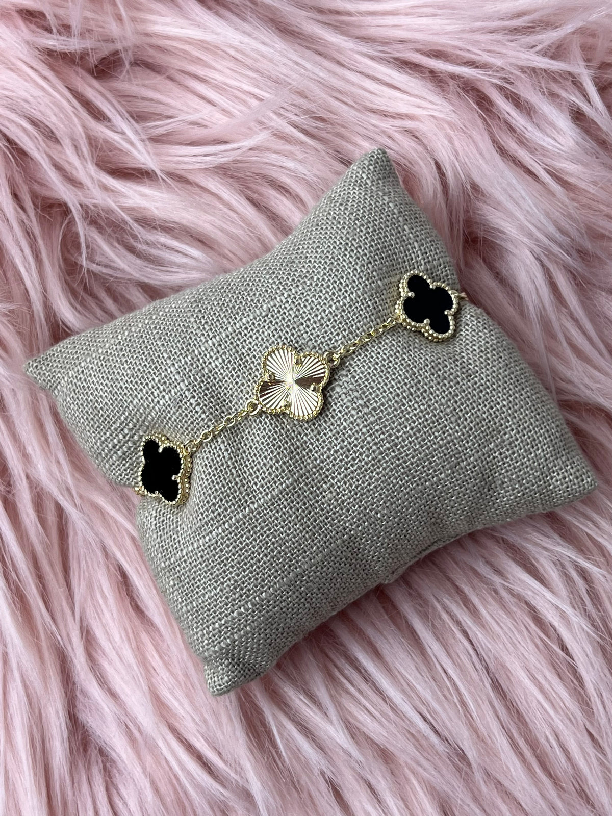 Black Enamel and Gold Clover Bracelet