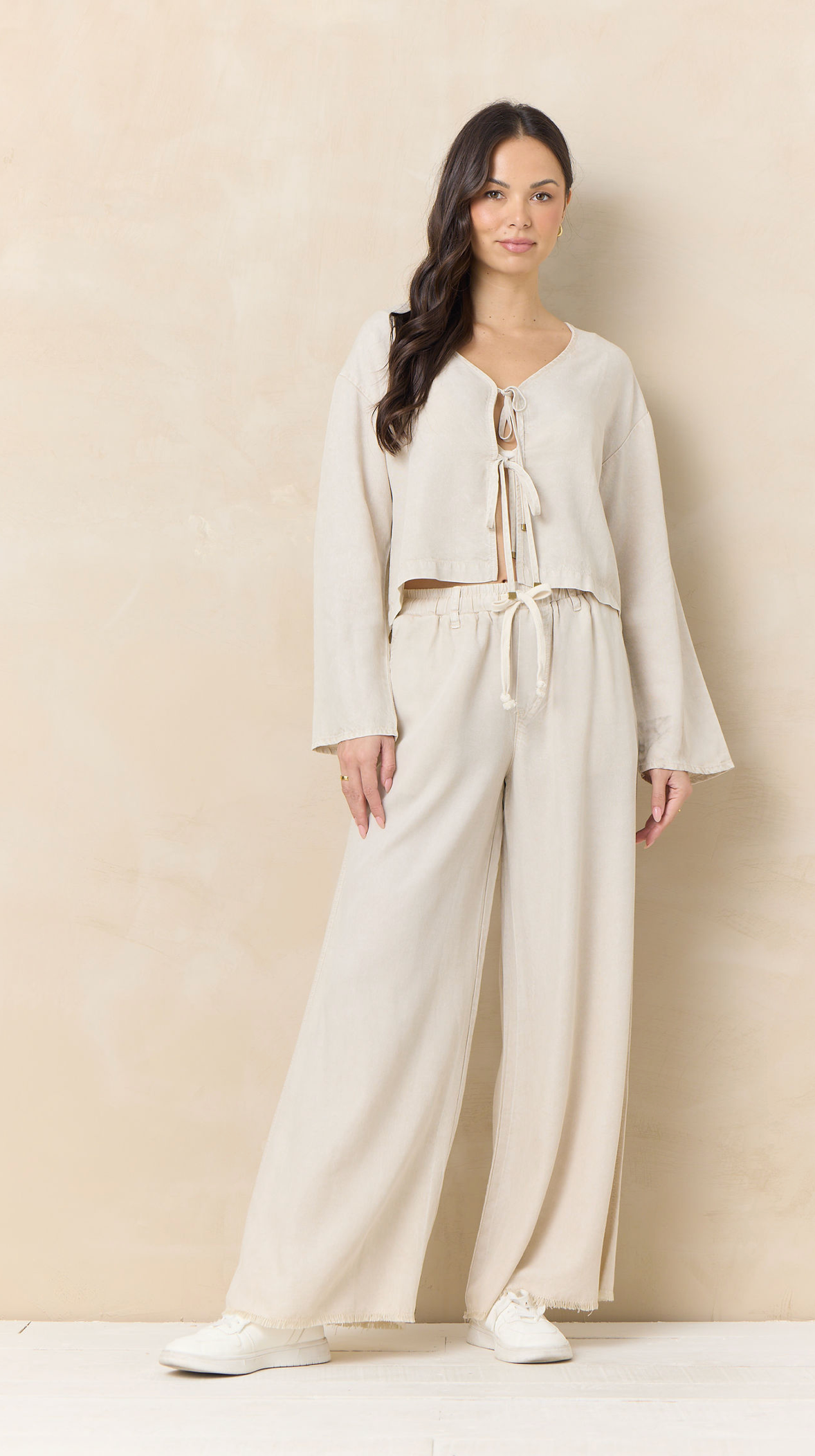 Vintage Havana Light Beige Tie-Front Lightweight Tencel-Blend Knit Top