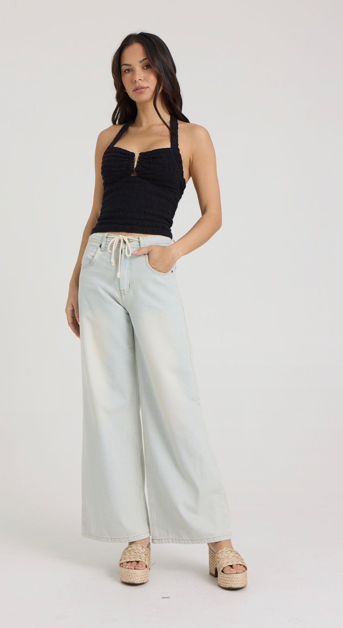 Vintage Havana Black Smocked Linen Halter Crop Top