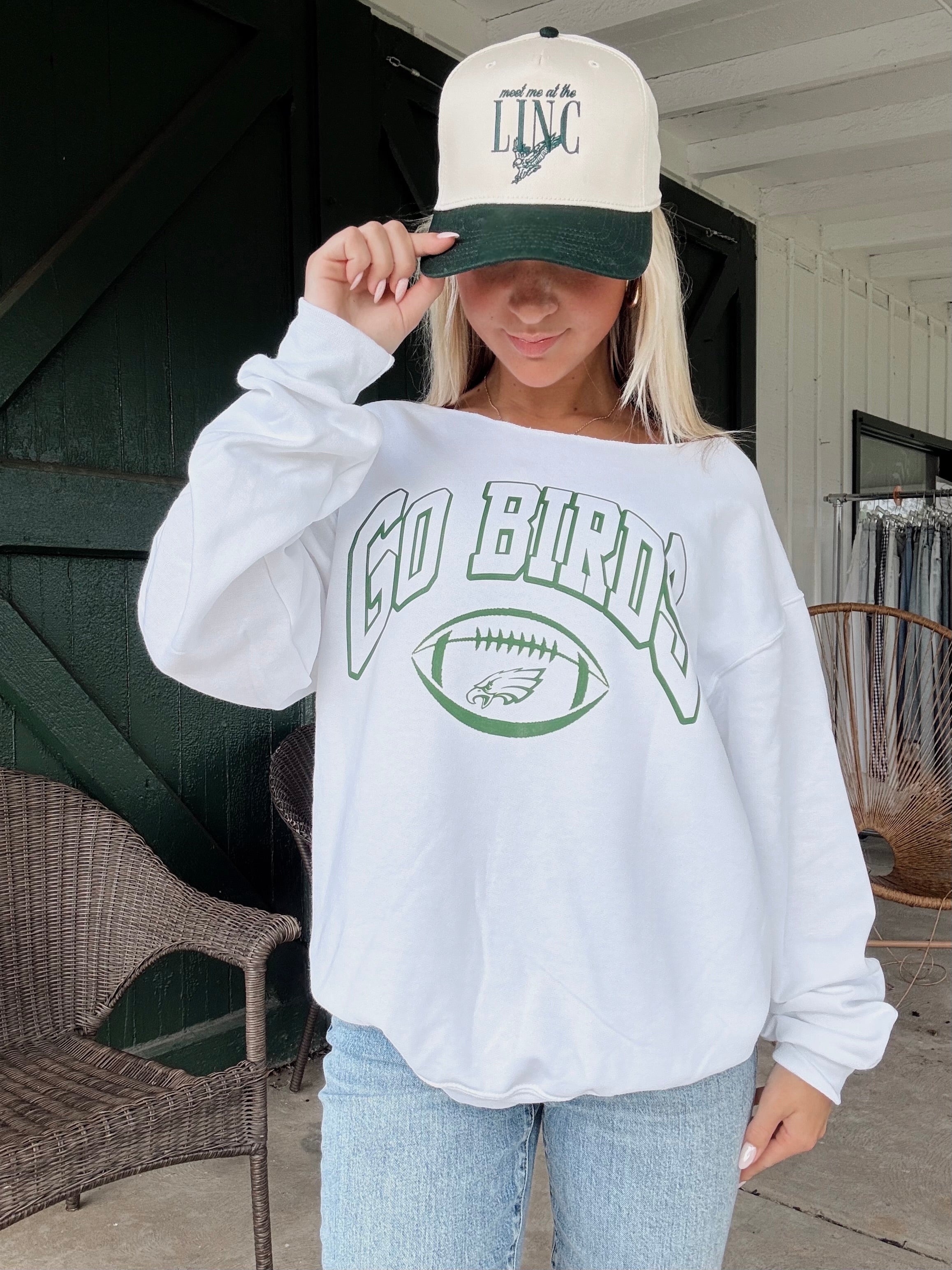 “Go Birds” Off-The-Shoulder Game Day Sweatshirt Heather White– Philly Football Cozy Chic Pullover