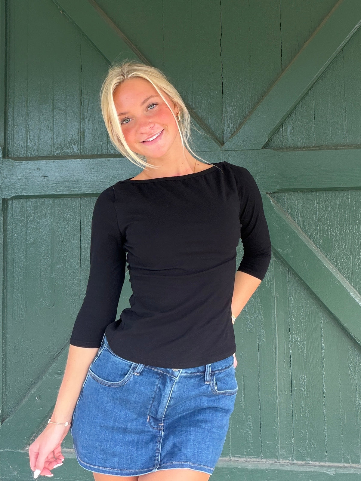 Harper Boat Neck Three-Quarter Sleeve Top -Black