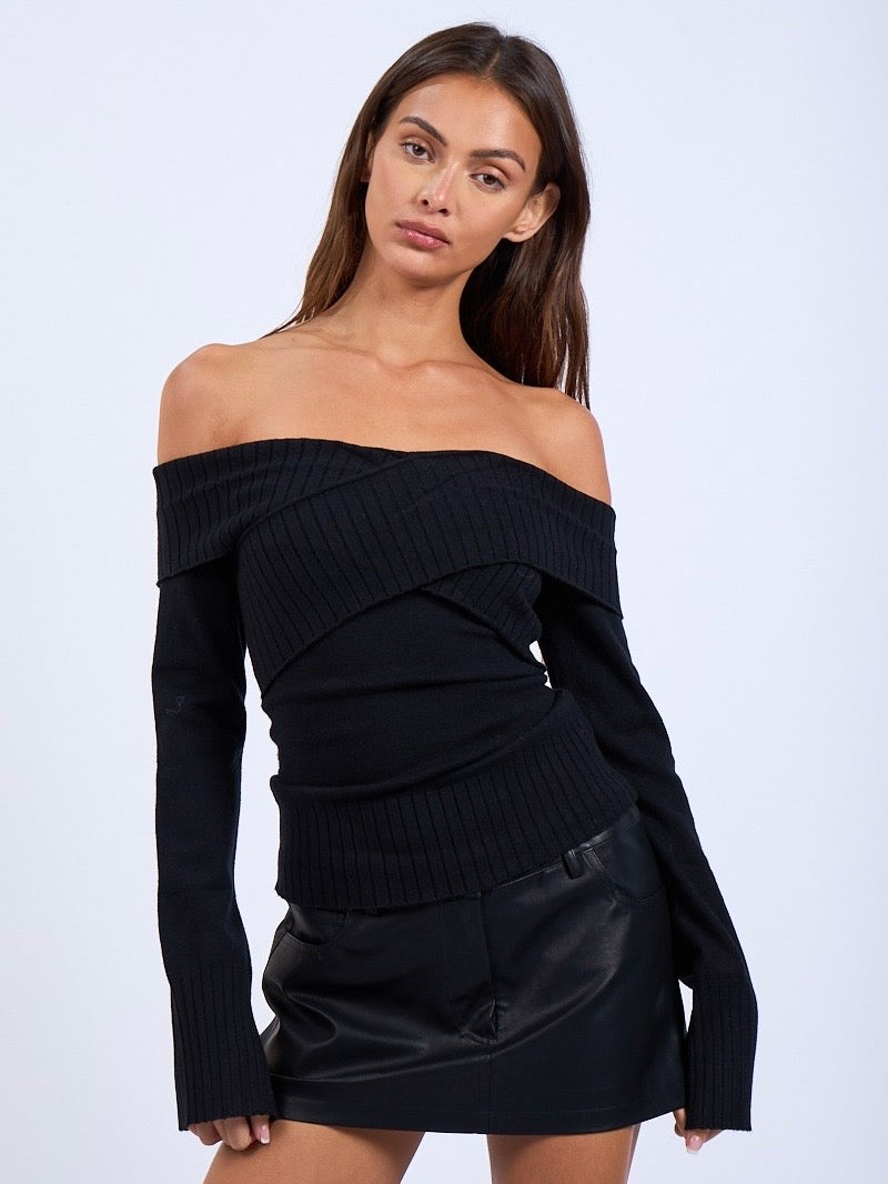 Greta Black Off the Shoulder Crossover Sweater