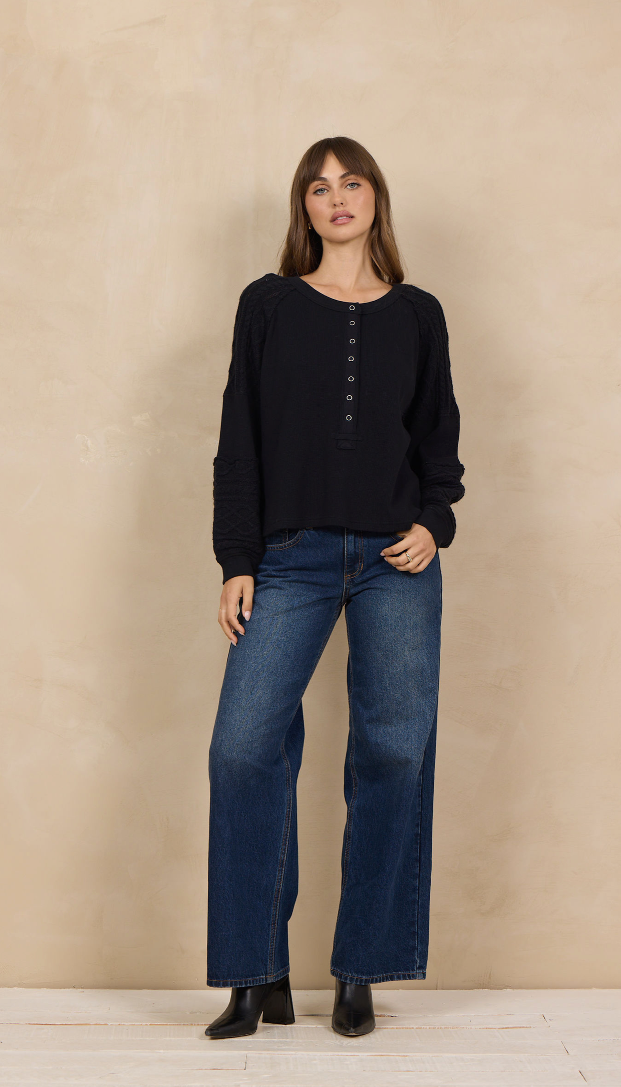 Vintage Havana Black Waffle Cable Knit Henley Top