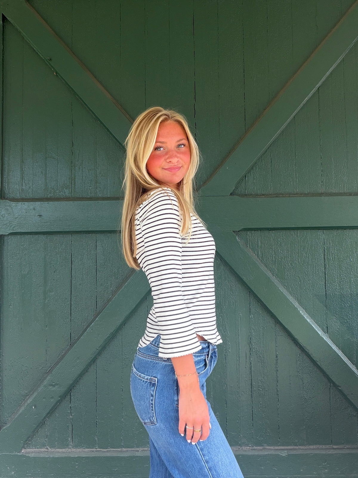 Ava Stripe 3/4 Sleeves Round Hem Top
