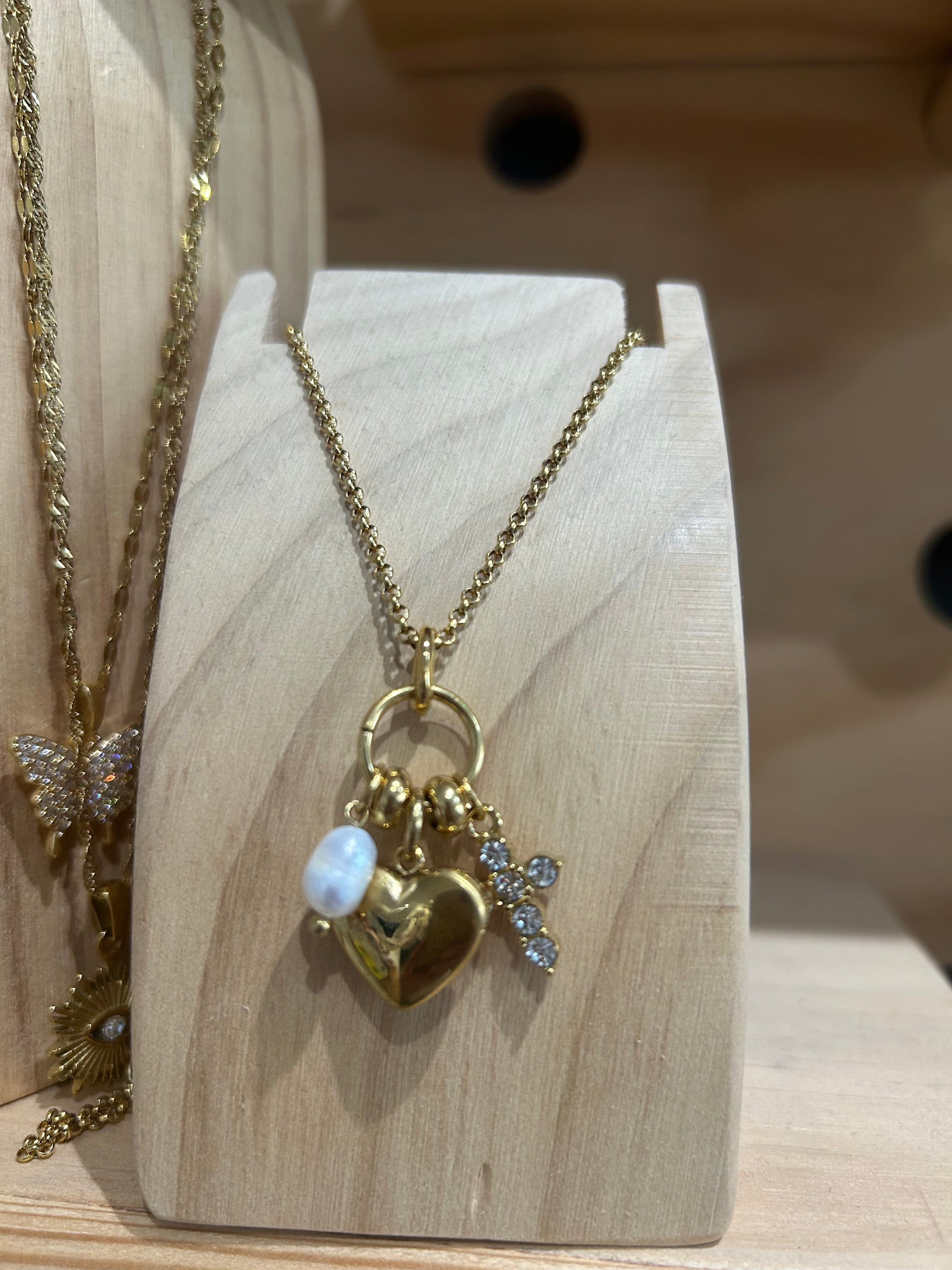 Timeless Trio Charm Necklace – Heart, Pearl and Cross Charm Necklace 16 Inch – Water Resistant Stainless Steel