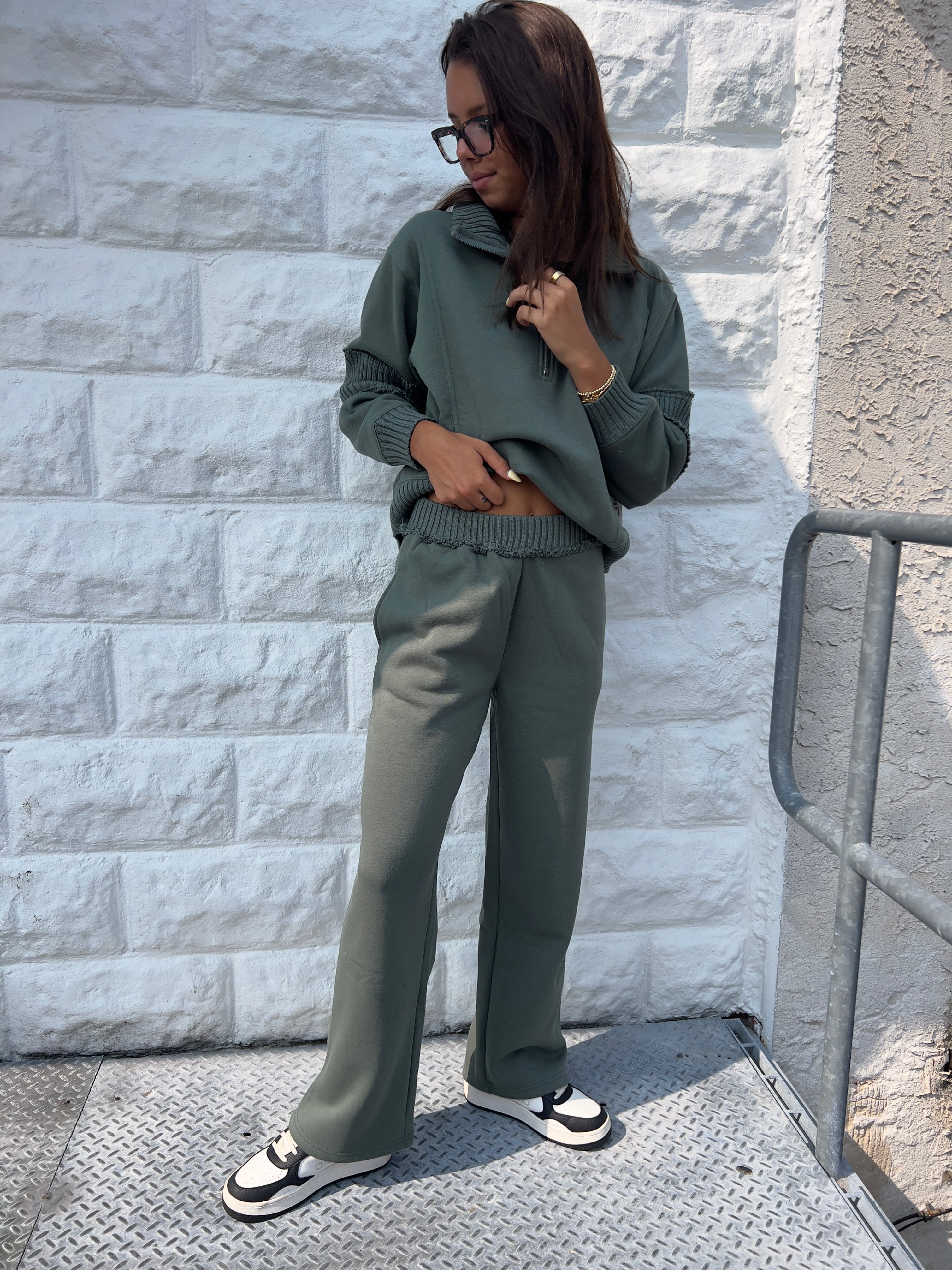 Olive Fleece Quarter Zip with Rib Detail