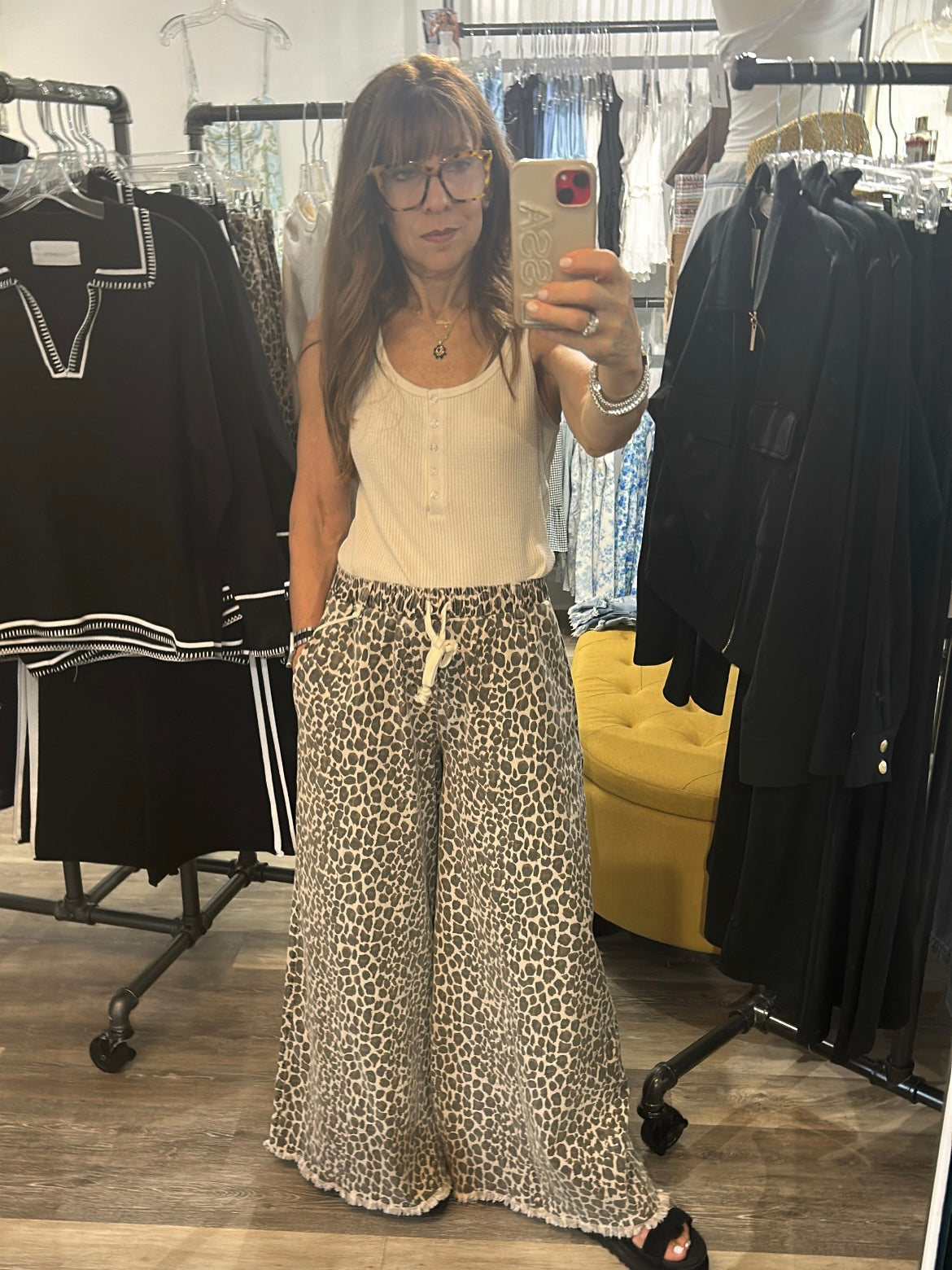 Leopard Stretch Denim Wide Leg Pant