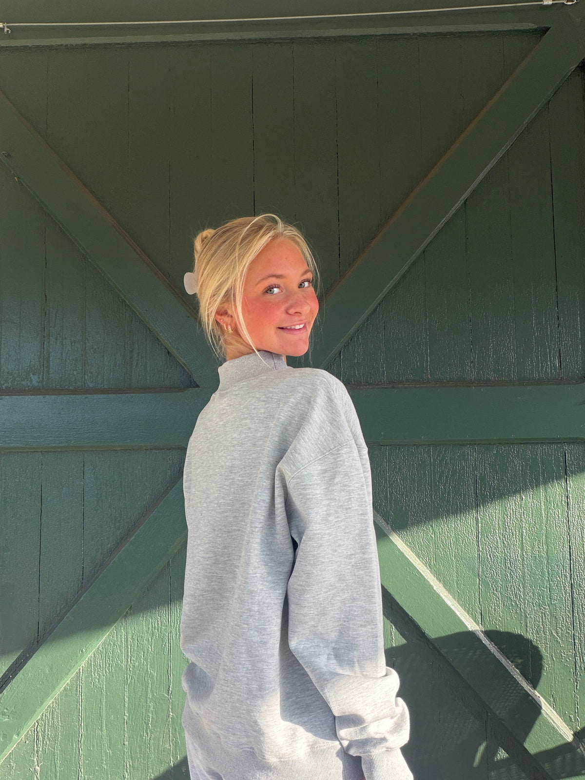 Gray mock-neck sweatshirt, plain front and sleeves