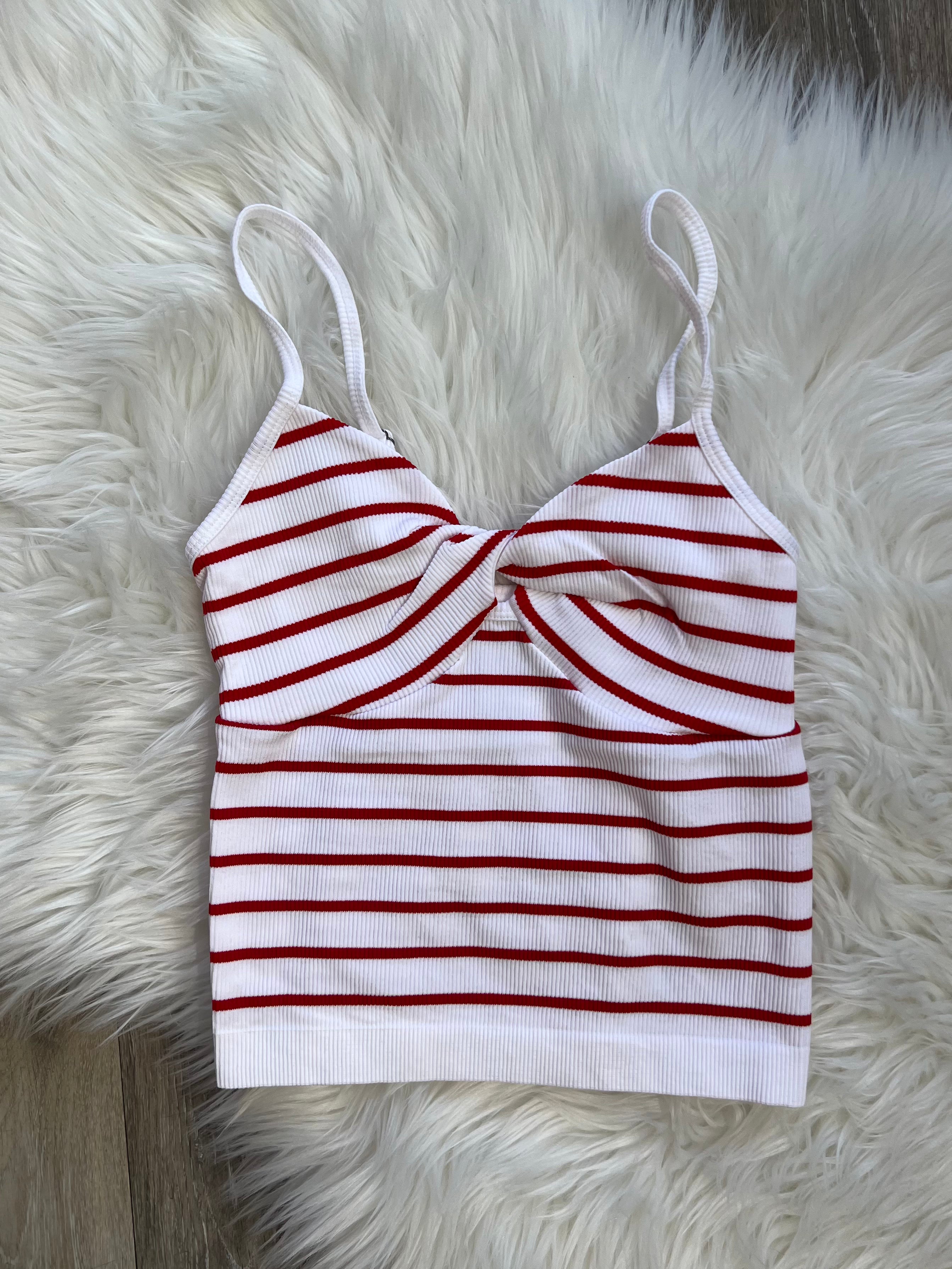 Vintage Havana White Seamless Crop Top – Poppy Red Stripes, Twist Front, One Size