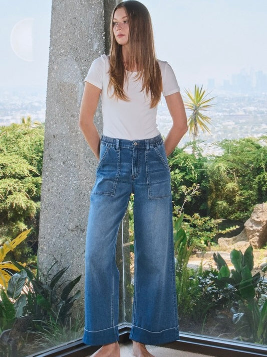 High Rise Double Cuffed Baggy Wide Jeans