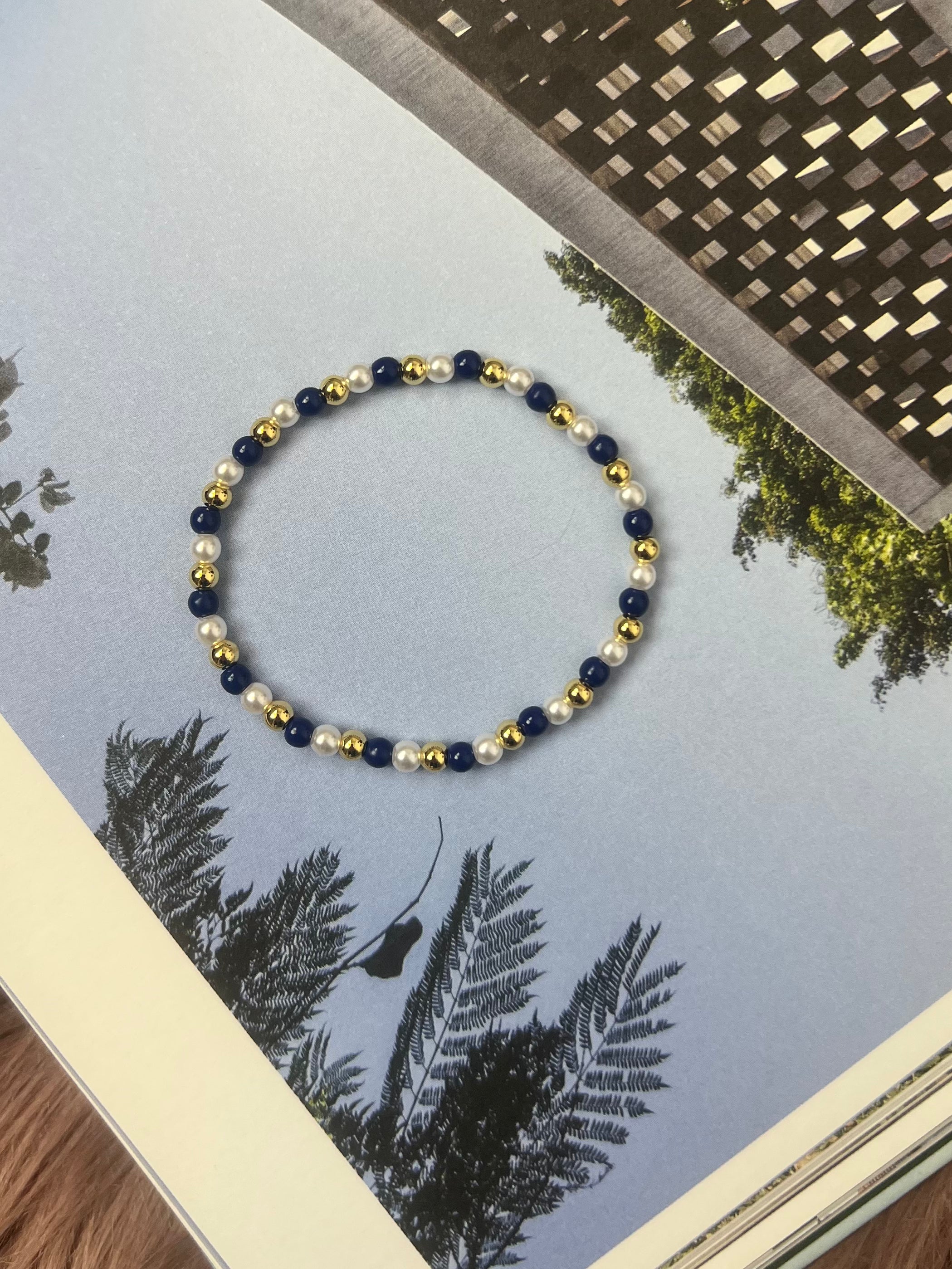 Emma’s Blue Crystal and Pearl Stretch Ball Bracelet