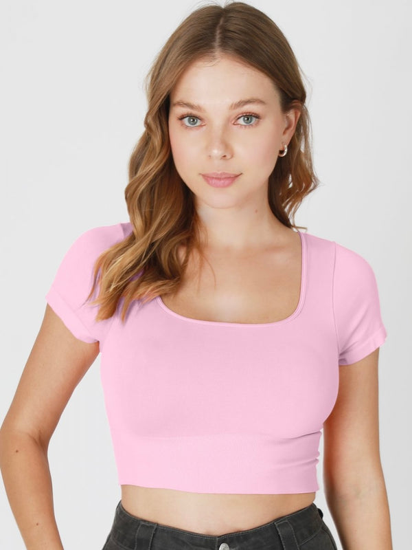 Lia Short Sleeve Peony Pink Square Neck Crop Top