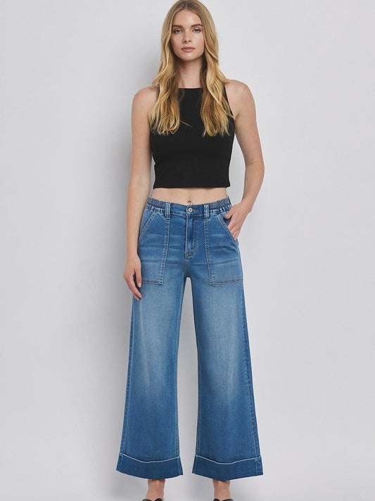 High Rise Double Cuffed Baggy Wide Jeans