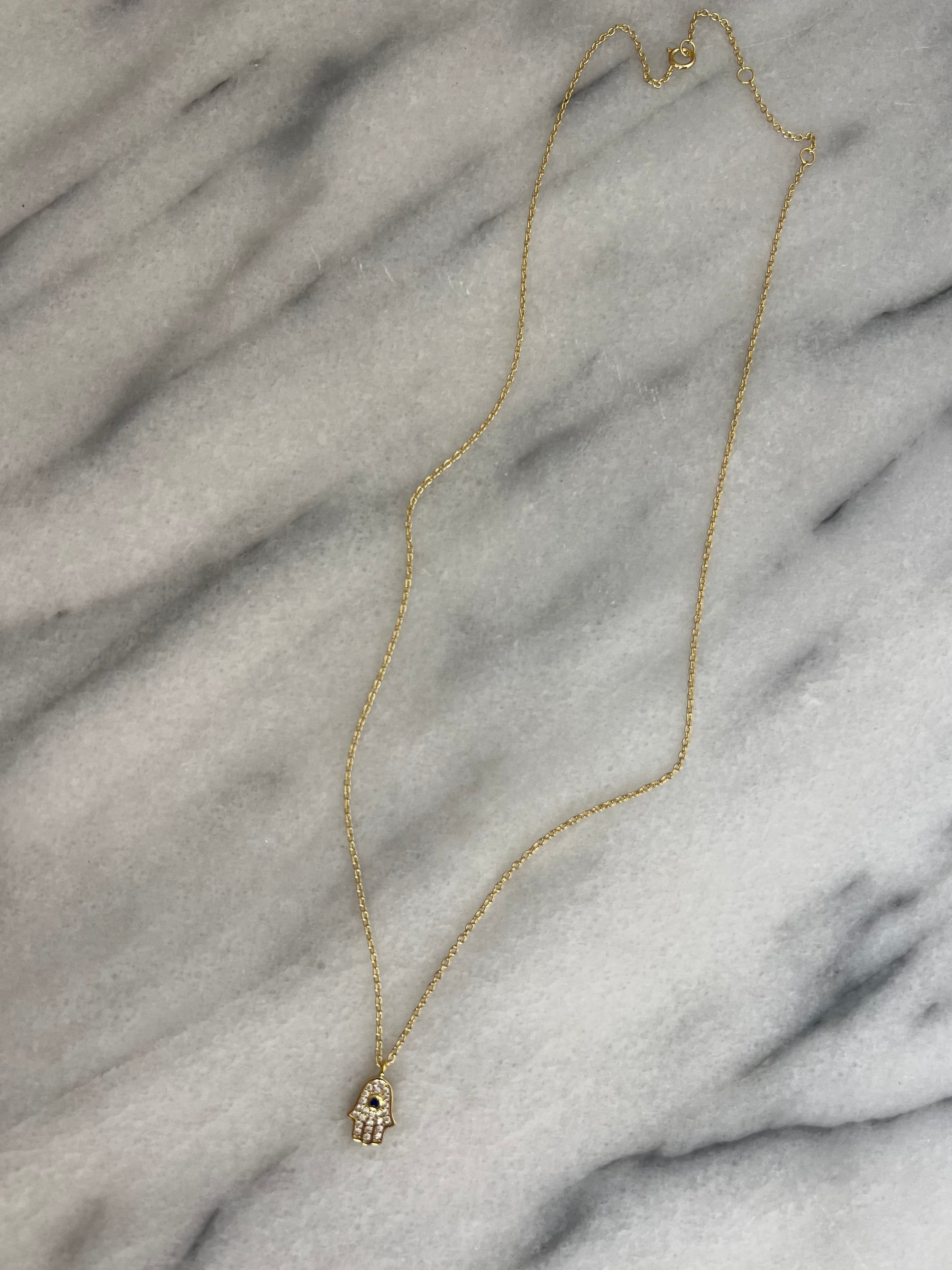 Amara Hamsa Necklace – Petite Blue CZ Hamsa Hand Necklace in 14K Gold Plated Sterling Silver