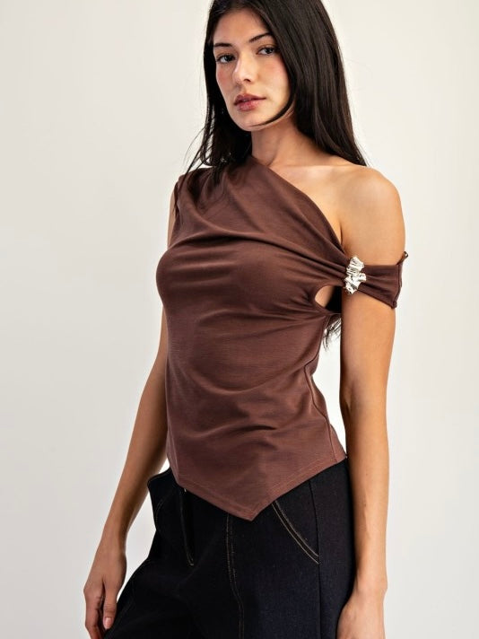 Lauren One Shoulder With Metal Trim Asymmetrical Hem Top -