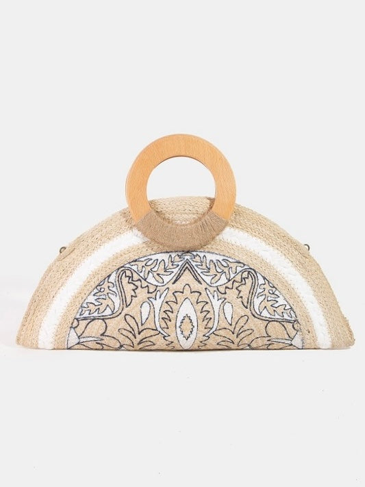 Filigree Pattern Jute Half Circle Hand Bag