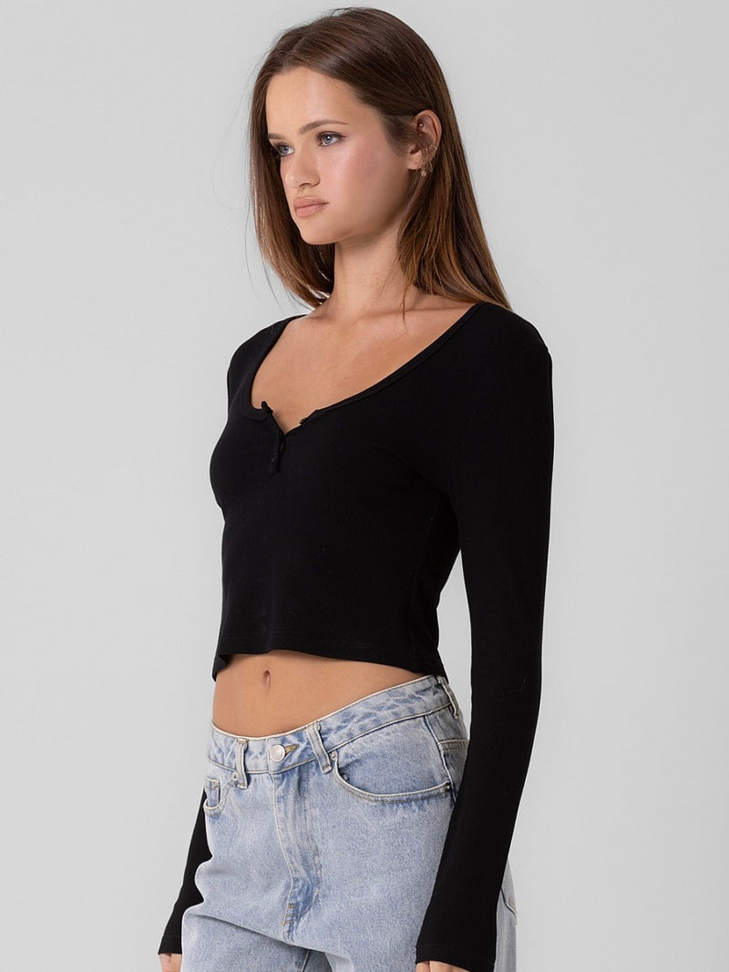 The Every Day Cropped Ribbed Button Down Black Long Sleeve T-Shirt