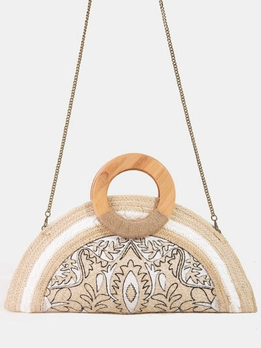 Filigree Pattern Jute Half Circle Hand Bag