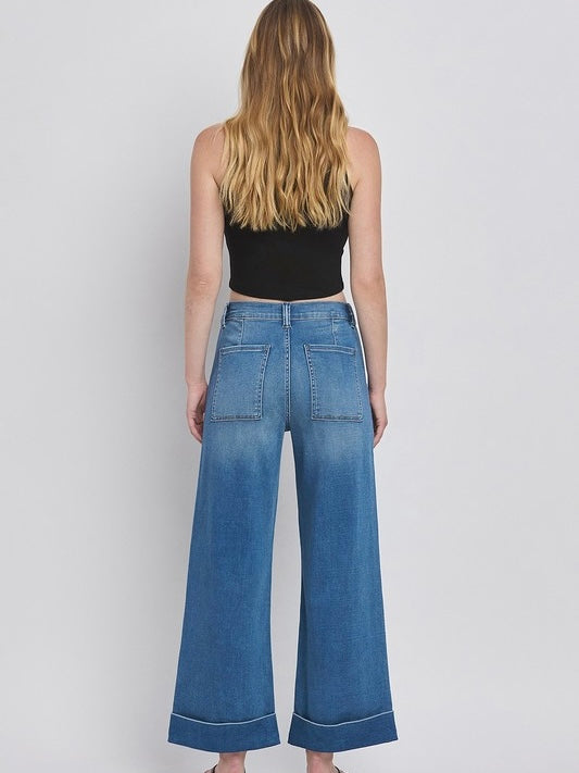 High Rise Double Cuffed Baggy Wide Jeans