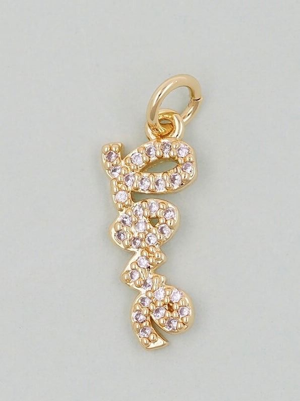 Gold Medium Crystal Love Script Charm