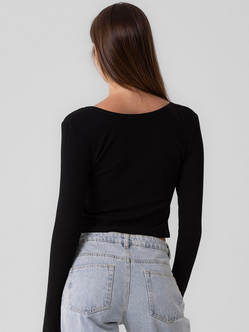 The Every Day Cropped Ribbed Button Down Black Long Sleeve T-Shirt