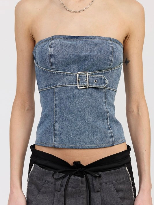 Nashville Buckle Denim Strapless Top