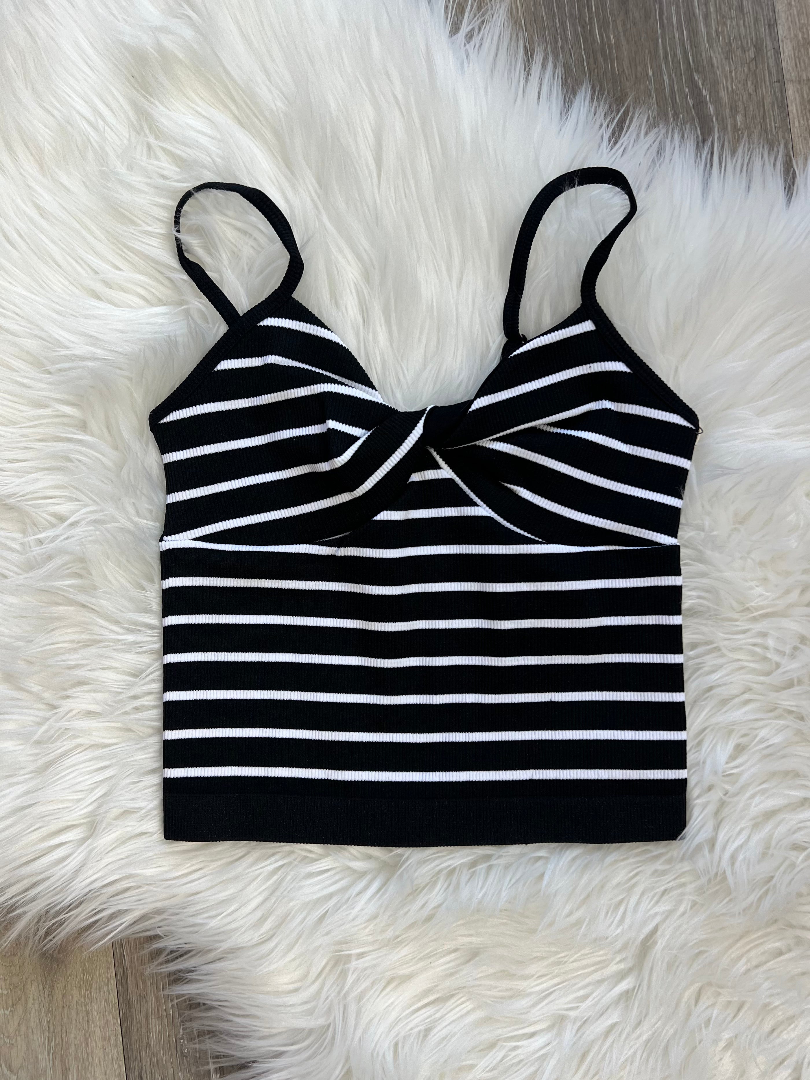 Vintage Havana Black Seamless Crop Top – White Stripes, Twist Front, One Size