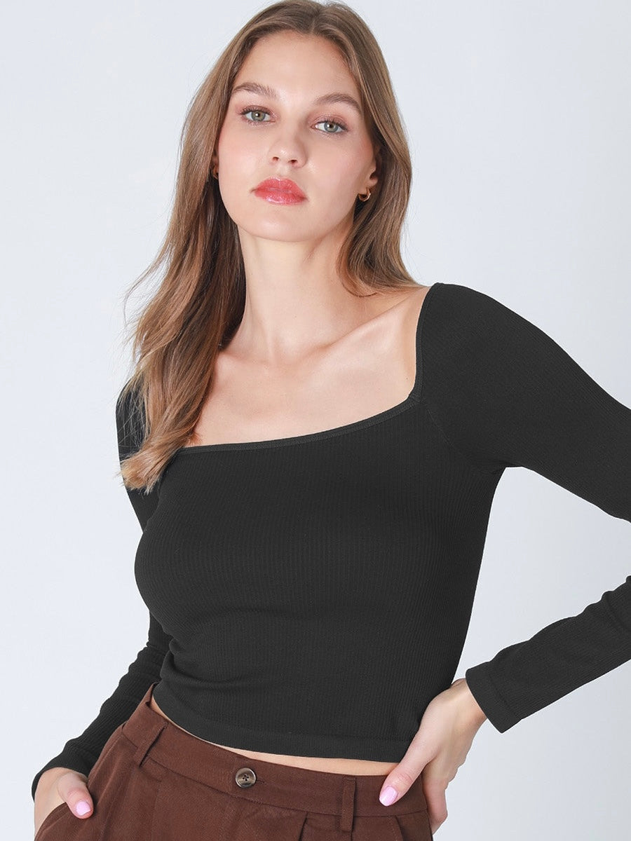 Eva Black Ribbed Long Sleeve Square Neck Seamless