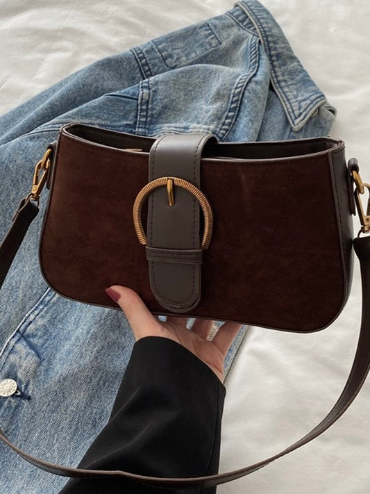 Circle Buckle Suede Square Shoulder Bag