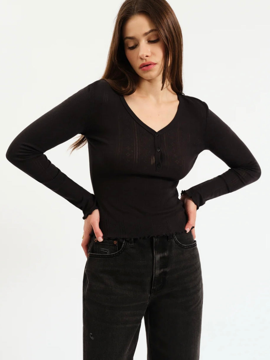 Daze Bunny Black Everyday V-Neck L/S Pointelle Henley