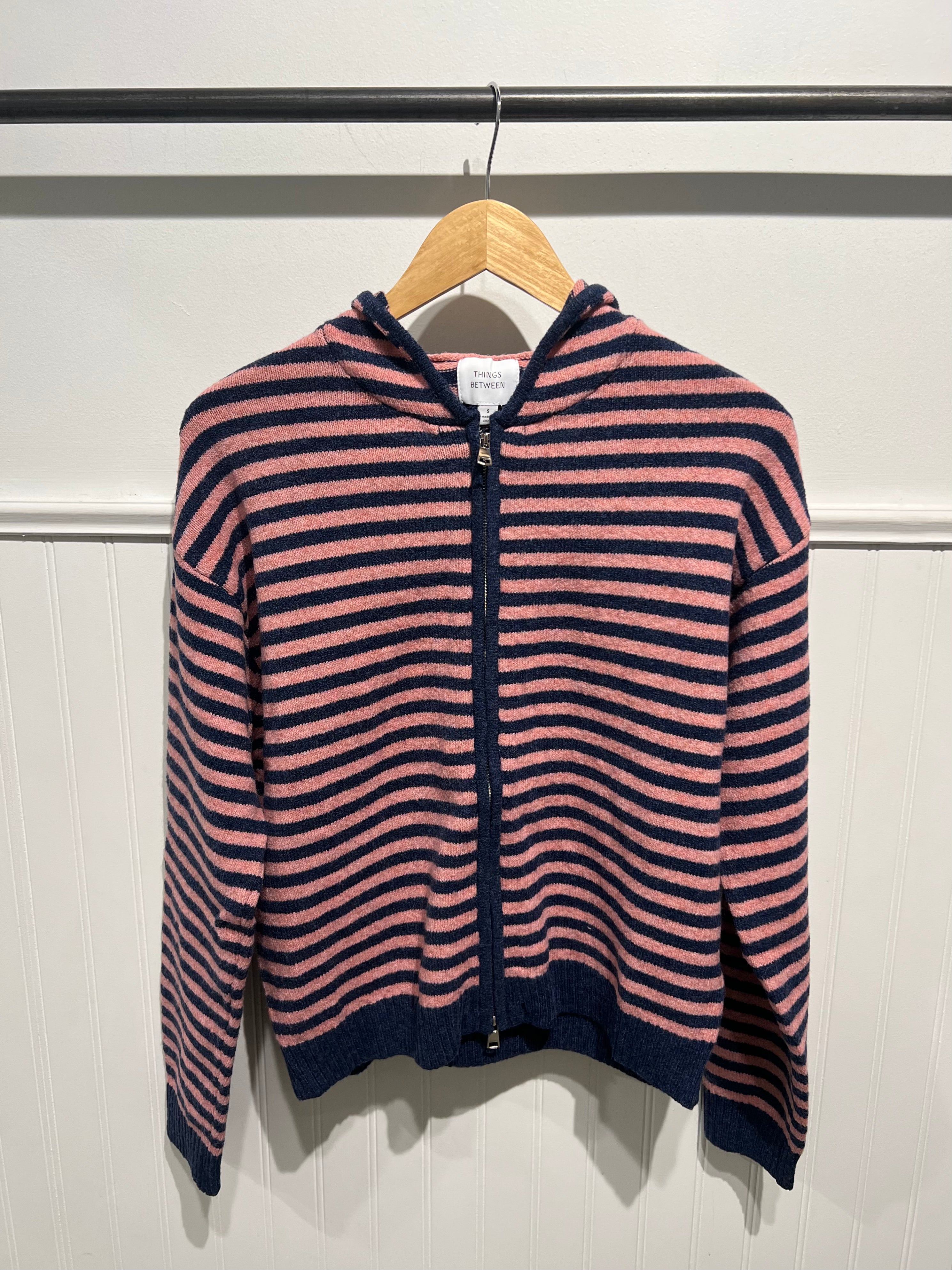 The It Girl Stripe Zip Sweater Hoodie -Denim/Pink