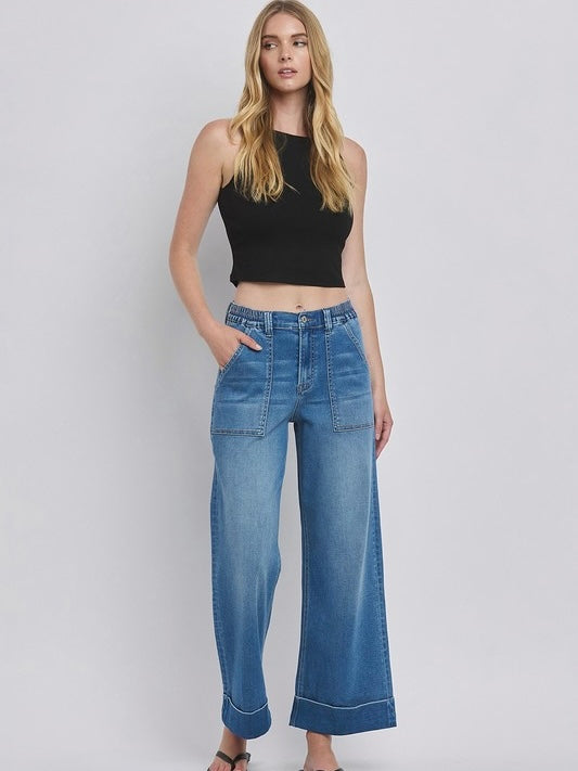 High Rise Double Cuffed Baggy Wide Jeans