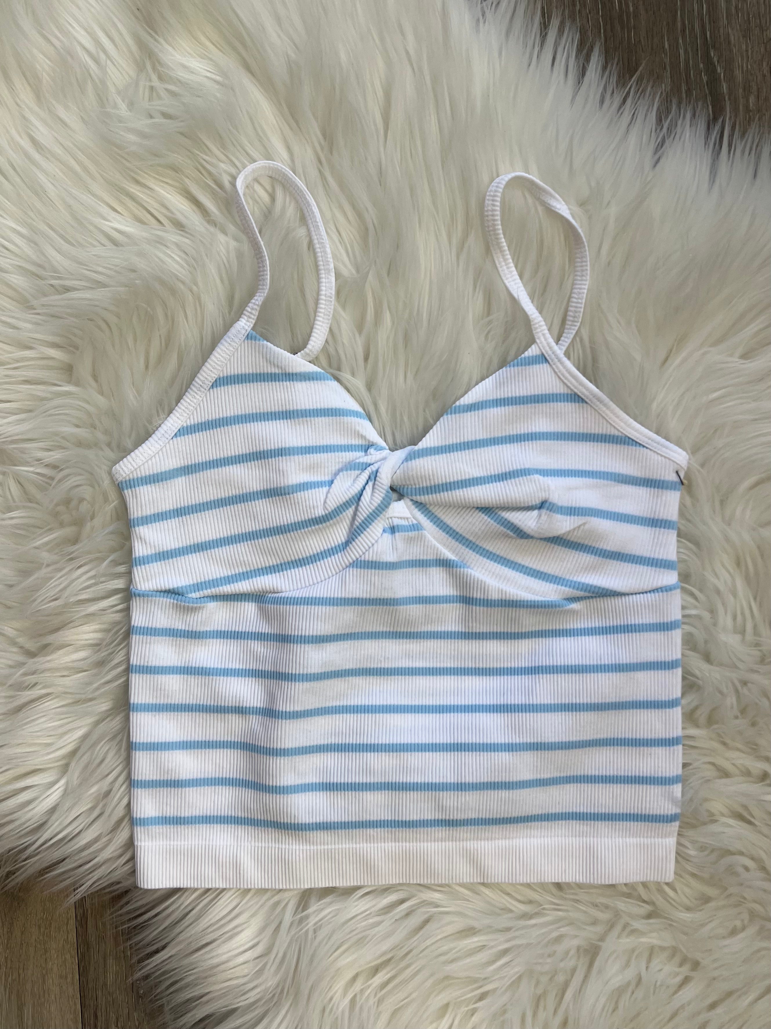 Vintage Havana White Seamless Crop Top – Blue Stripes, Twist Front, One Size