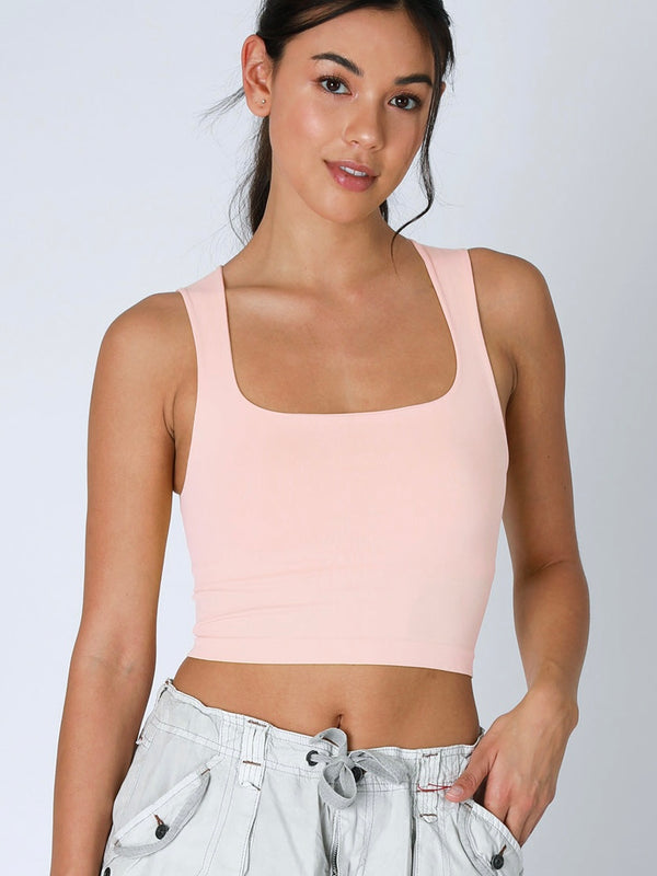 Peachy Pink Clean Line Square Neck Crop Top