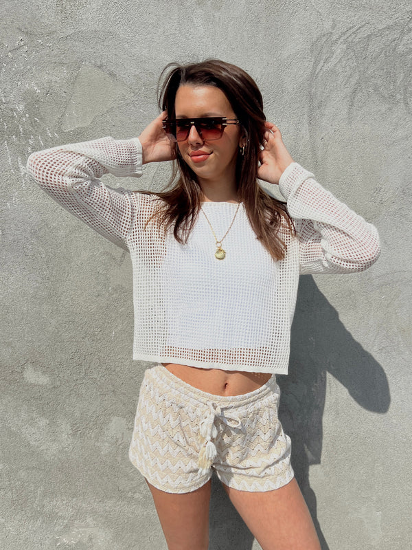 White Mesh Knit Crop Long Sleeve Top