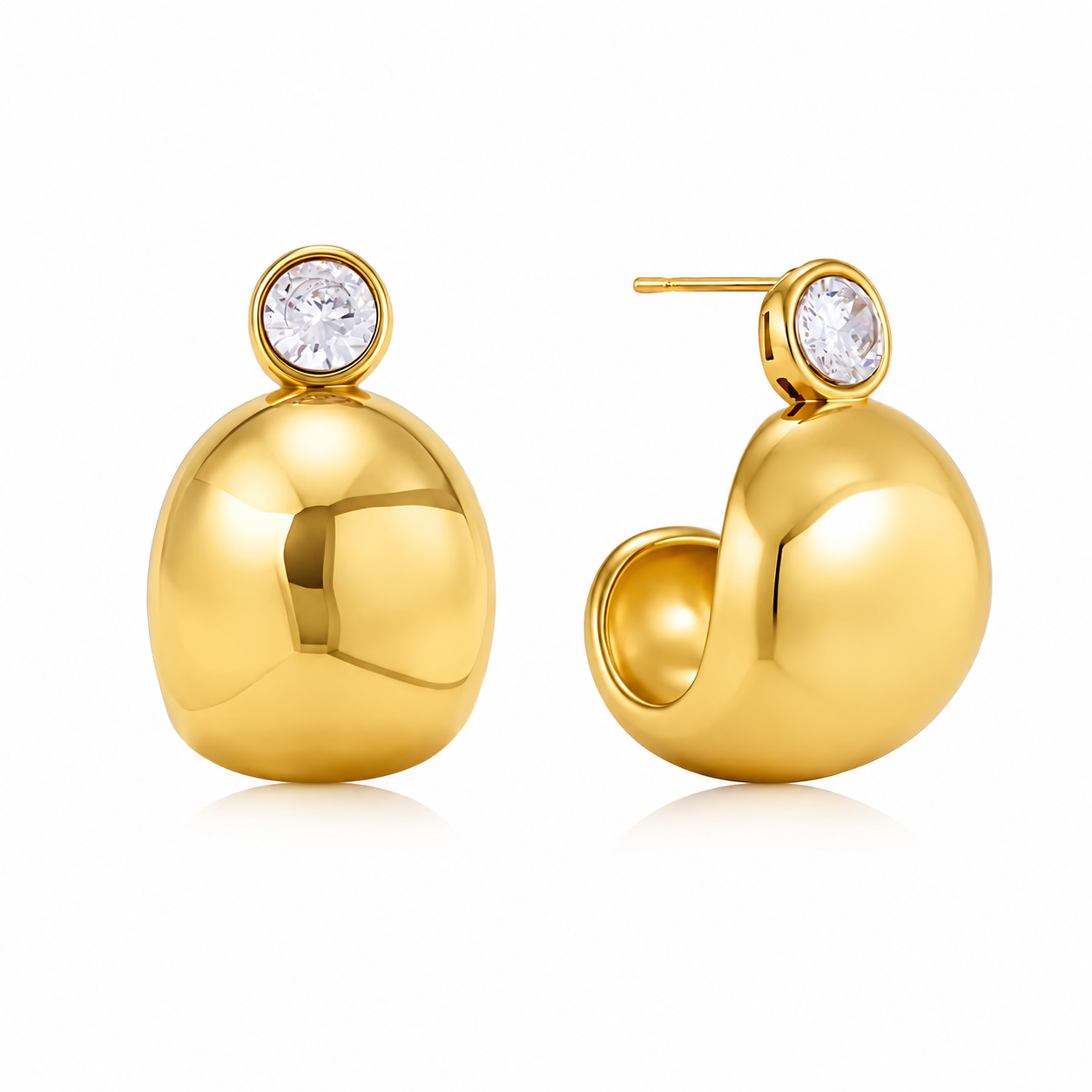 Rae & Jade Classic C-Hoop Earrings with Bezeled CZ detail – 18K Gold Plated Stainless Steel