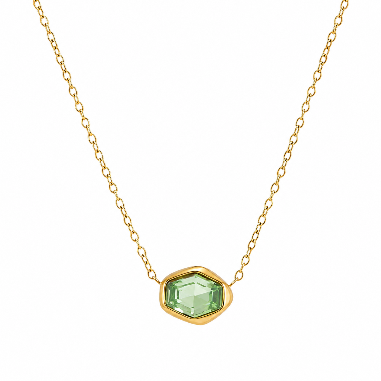 Rae & Jade Peridot Green Glass Bezel Pendant Necklace – 18K Gold Plated Stainless Steel