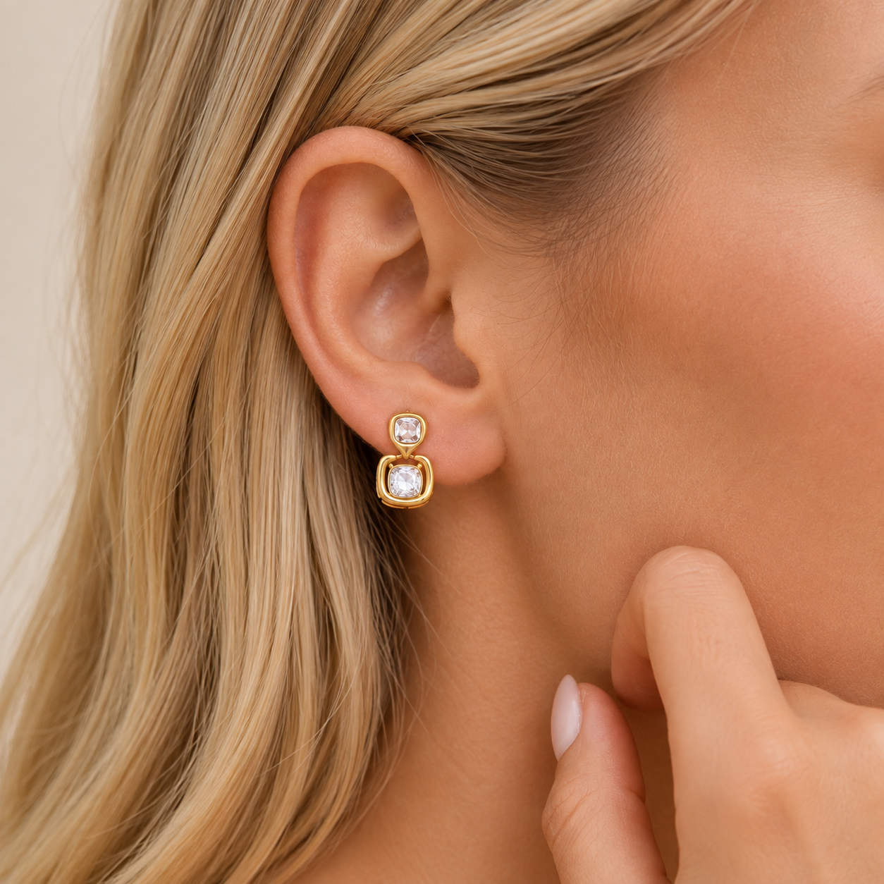 Rae & Jade Double Crystal Square Drop Earrings – Waterproof