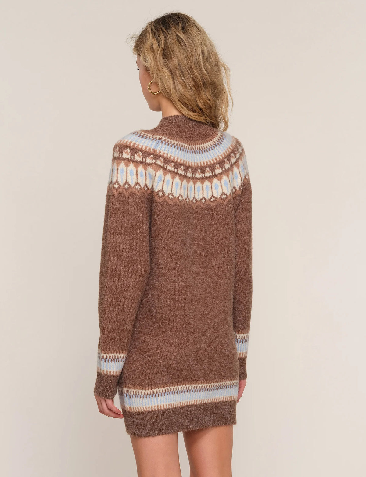 Brown Fair Isle sweater mini dress, knit crewneck and long sleeves, back view