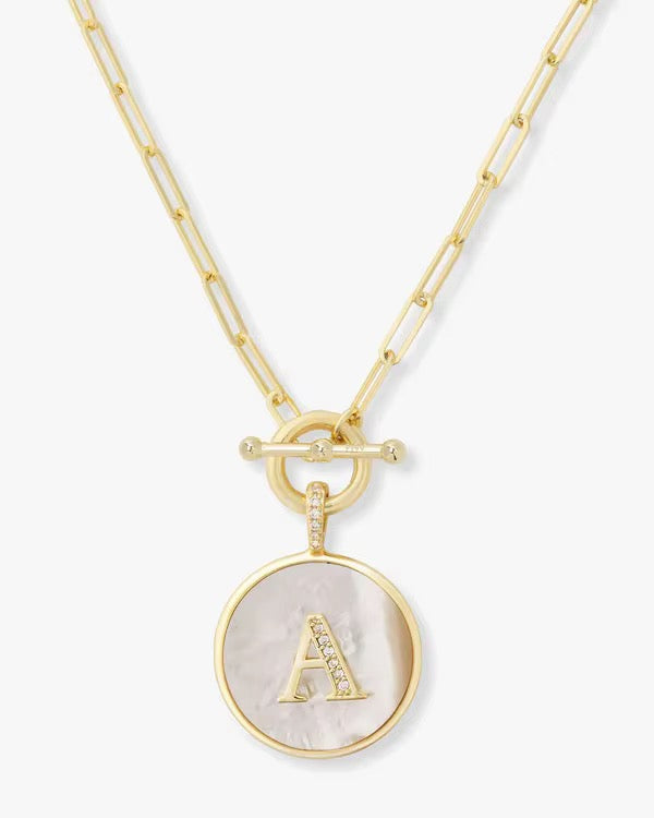Rae & Jade Mother of Pearl Initial Pendant Necklace – 14K Gold Plated, 32" Chain
