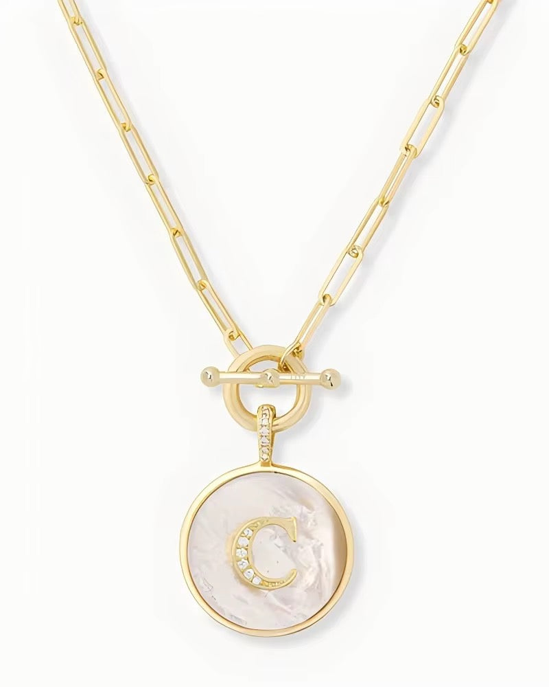Rae & Jade Mother of Pearl Initial Pendant Necklace – 14K Gold Plated, 32" Chain