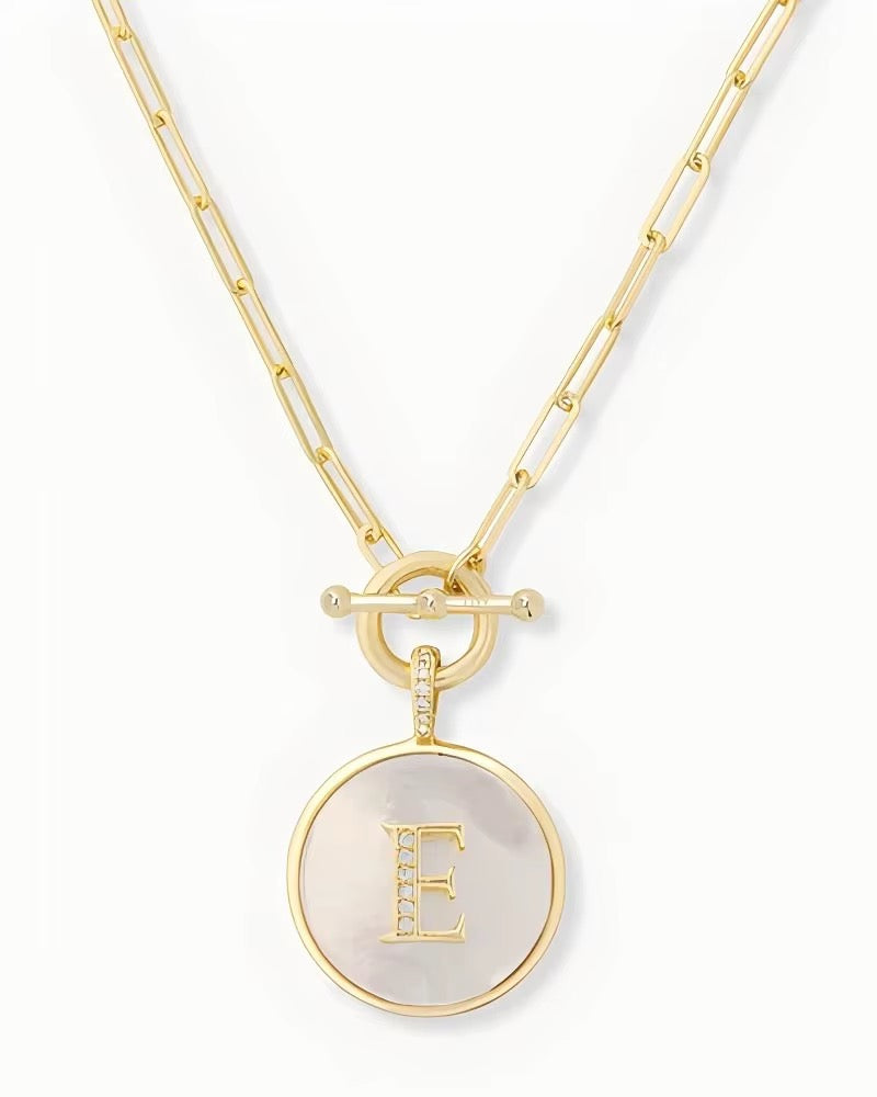 Rae & Jade Mother of Pearl Initial Pendant Necklace – 14K Gold Plated, 32" Chain