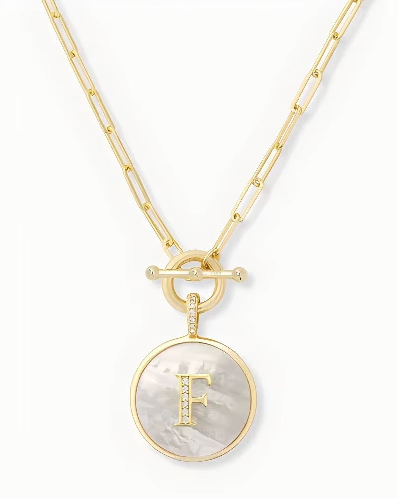 Rae & Jade Mother of Pearl Initial Pendant Necklace – 14K Gold Plated, 32" Chain