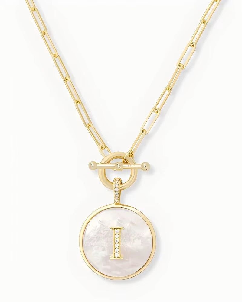 Rae & Jade Mother of Pearl Initial Pendant Necklace – 14K Gold Plated, 32" Chain