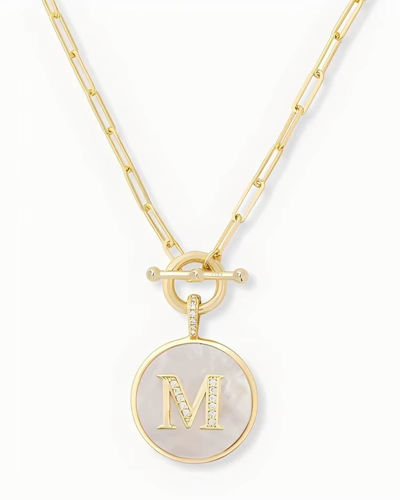 Rae & Jade Mother of Pearl Initial Pendant Necklace – 14K Gold Plated, 32" Chain