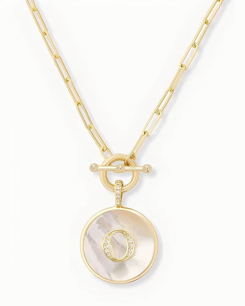Rae & Jade Mother of Pearl Initial Pendant Necklace – 14K Gold Plated, 32" Chain